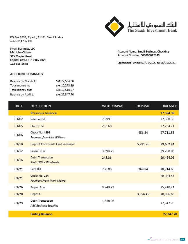 Saudi Investment Bank business checking account statement Word and PDF template